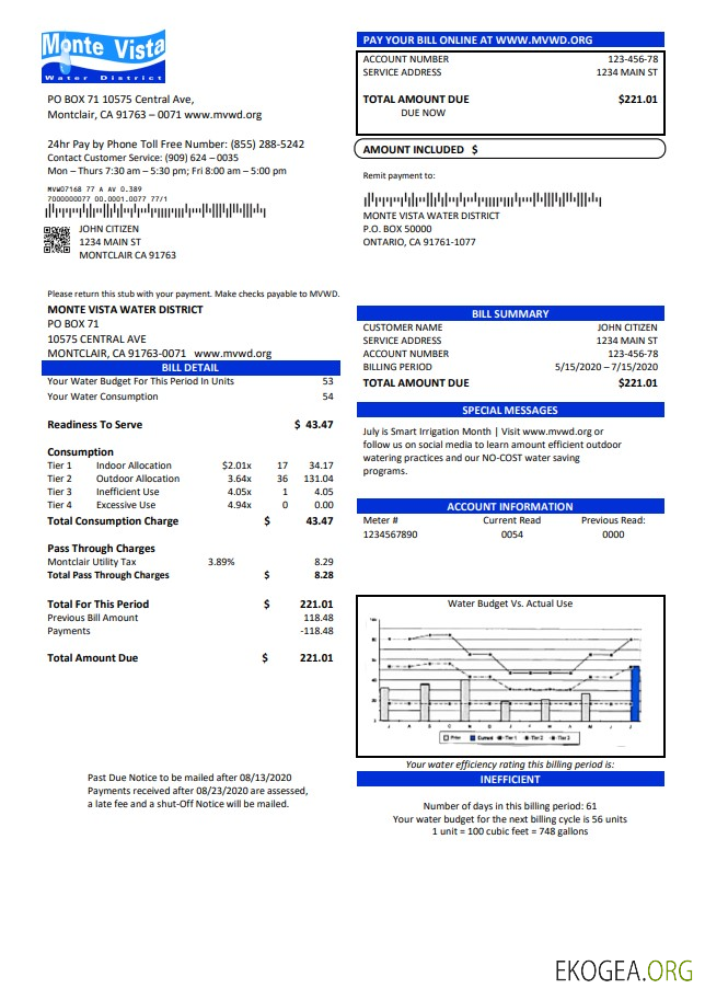 USA California Monte Vista Water District utility bill template in Word and PDF format